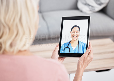 Buy stock photo Healthcare, doctor or woman on a video call, consultation or connection for communication. Female person, patient or medical professional with a tablet, conversation or advice with telehealth or cure