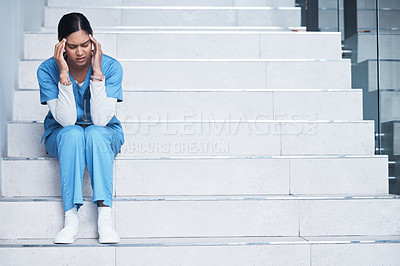 Buy stock photo Stress, headache and tired with nurse in hospital for burnout, mental health and fatigue. Medical, healthcare and medicine with woman on stairs in clinic for frustrated, anxiety and nursing problem