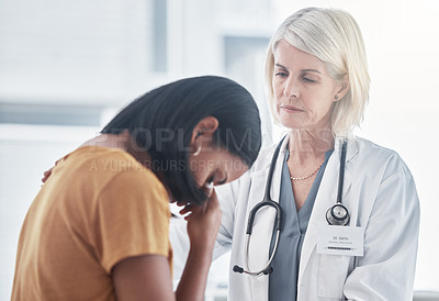 Buy stock photo Healthcare, empathy and doctor with a woman after diagnosis of cancer or sickness. Sad, comfort and grieving patient crying for results in a consultation with a female medical worker in the hospital.