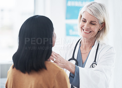 Buy stock photo Throat, medical and woman with doctor in hospital for sick, thyroid cancer or test. Healthcare, medicine and virus with physician and consulting with patient in clinic for emergency, injury and exam