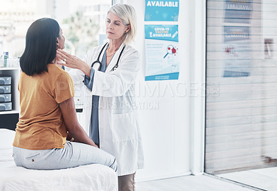Buy stock photo Consulting, thyroid and woman with doctor in hospital for sick, cancer or medical test. Healthcare, medicine and virus with physician and checking throat of patient in clinic for emergency and injury
