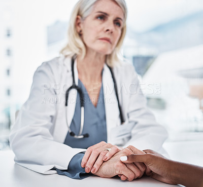 Buy stock photo Empathy, sad and holding hands of doctor and patient for medical, consulting and advice. Medicine, healthcare and help with closeup of people in hospital for depression, compassion and hope