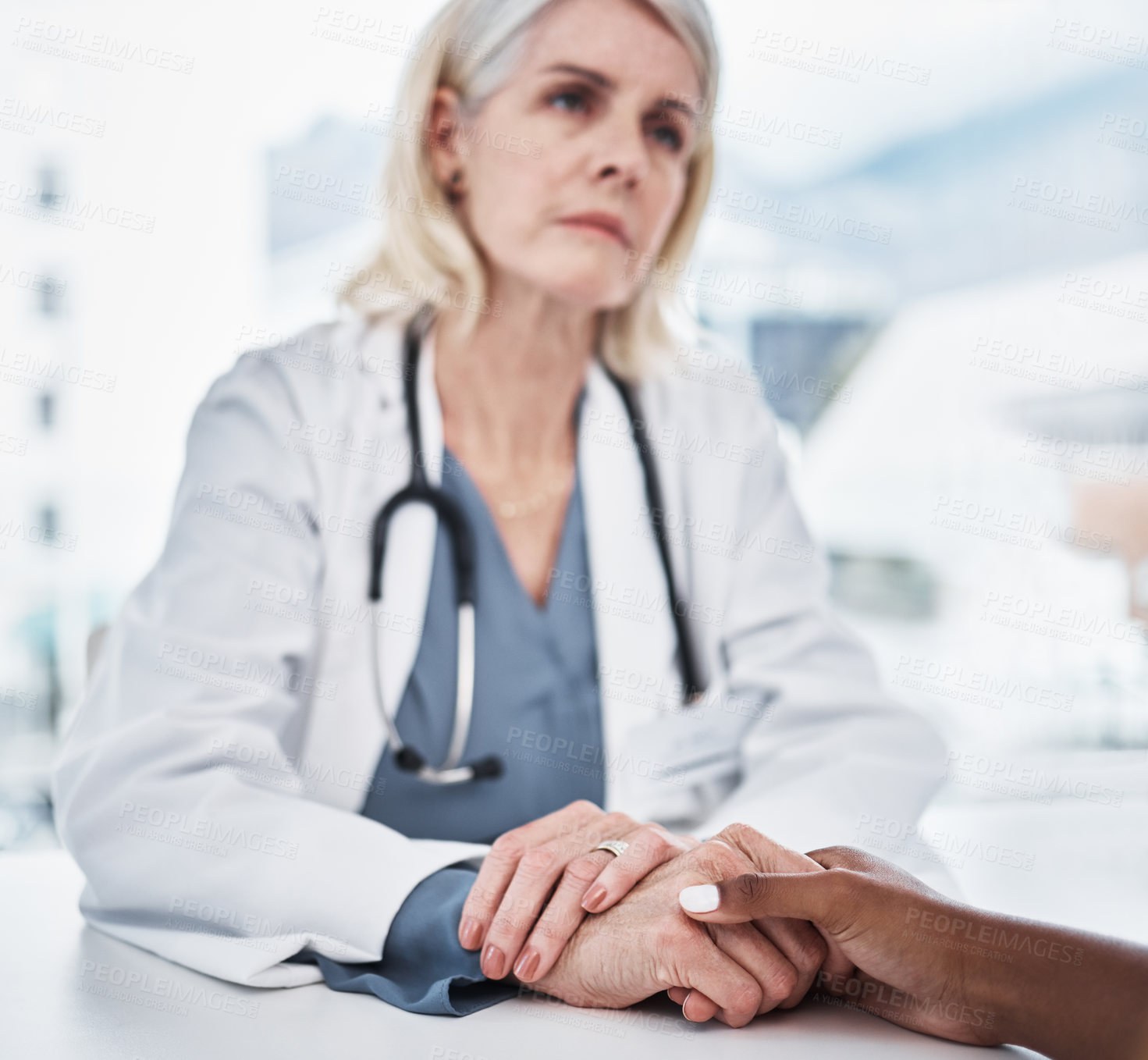 Buy stock photo Empathy, sad and holding hands of doctor and patient for medical, consulting and advice. Medicine, healthcare and help with closeup of people in hospital for depression, compassion and hope