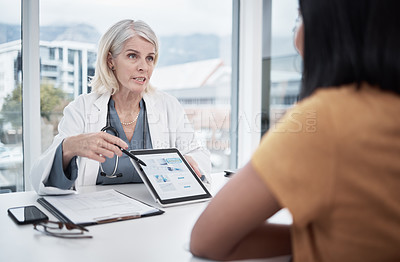 Buy stock photo Woman, doctor and tablet with patient for vaccine results, information and hospital data. Consultation, healthcare worker and communication at desk in clinic for wellness, covid and planning cure