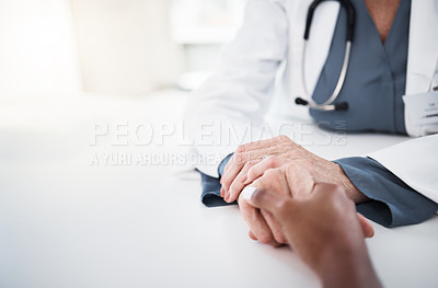 Buy stock photo Empathy, space and holding hands of doctor and patient for medical, consulting and advice. Medicine, healthcare and help in closeup of people in hospital for depression, compassion and hope in cancer