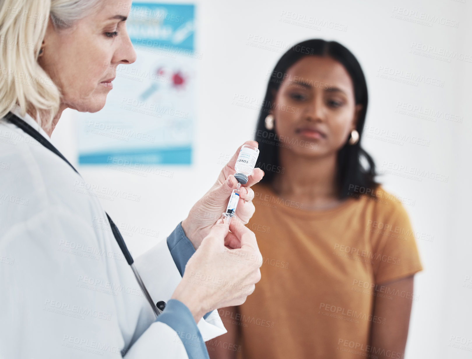 Buy stock photo Covid, doctor and woman with vaccine, consultation and healthcare with pharmaceutical drugs. Needle, syringe and medical professional with patient for health insurance, corona prevention and care