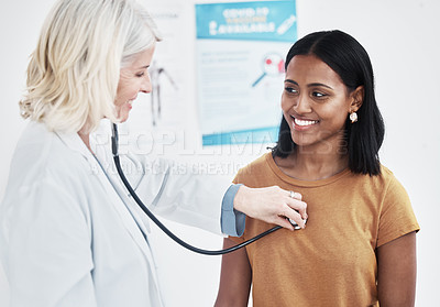 Buy stock photo Woman, doctor and stethoscope with healthcare, consulting and checkup for treatment, appointment or diagnosis. Female person, patient or medical professional with cardiology, heartbeat and specialist