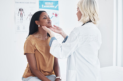 Buy stock photo Consulting, medical and woman with doctor in hospital for sick, thyroid cancer or test. Healthcare, medicine and virus with physician and checking throat of patient in clinic for emergency and injury