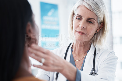 Buy stock photo Consulting, throat and woman with doctor in hospital for sick, thyroid cancer or test. Healthcare, medicine and virus with medical physician and checking patient tonsils for emergency and injury