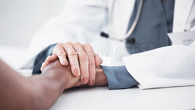 Buy stock photo Empathy, support and holding hands of doctor and patient for medical, consulting and advice. Medicine, healthcare and help with closeup of people in hospital for depression, compassion and hope