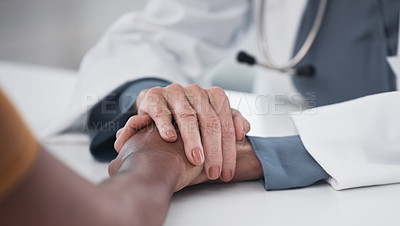 Buy stock photo Empathy, closeup and holding hands of doctor and patient for medical, support and advice. Medicine, healthcare and help with people in hospital consulting room for depression, compassion and hope