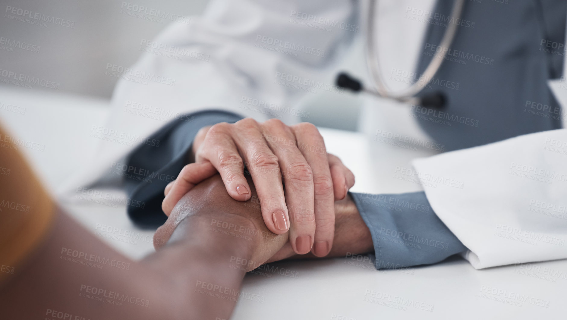 Buy stock photo Empathy, closeup and holding hands of doctor and patient for medical, support and advice. Medicine, healthcare and help with people in hospital consulting room for depression, compassion and hope
