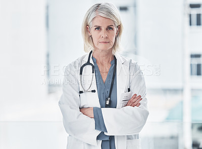 Buy stock photo Portrait of a confident mature doctor working at a clinic