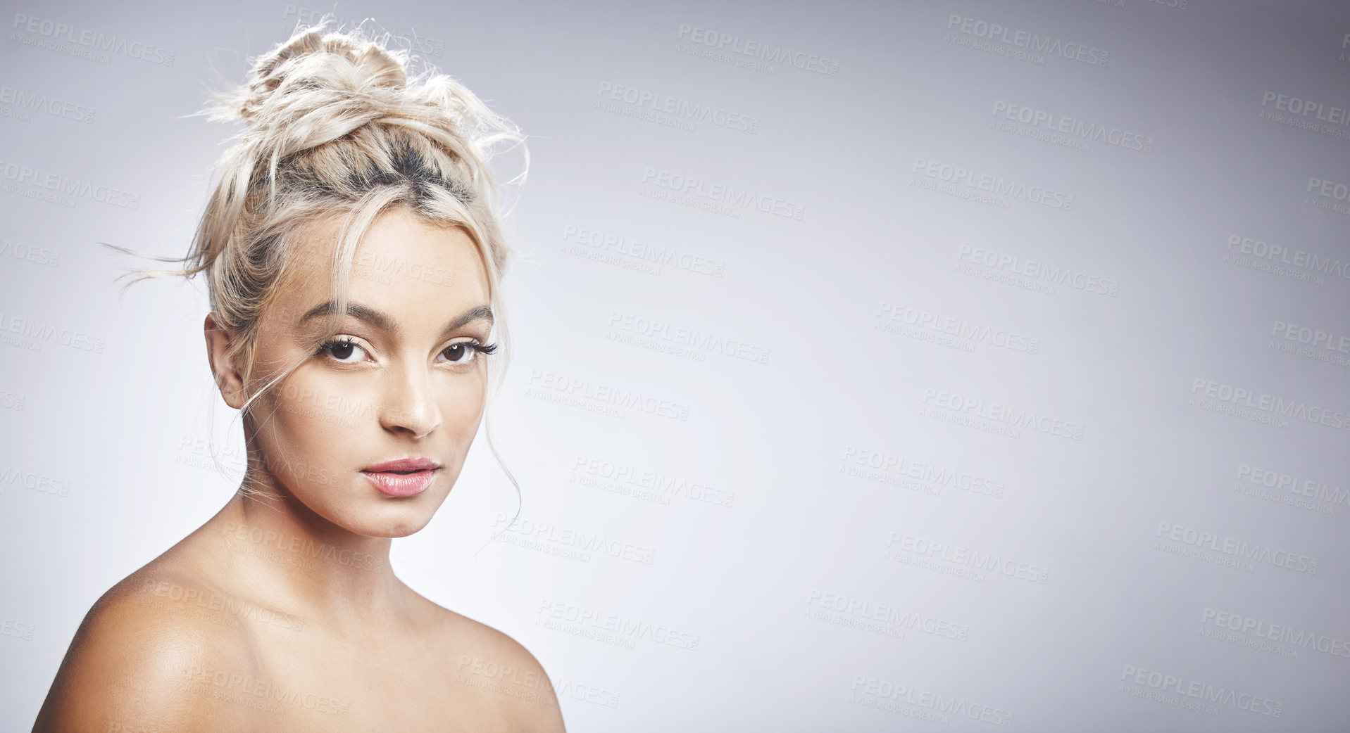 Buy stock photo Woman, portrait and confident skincare in studio, cosmetics and clear skin on white background. Female person, glow and dermatology wellness for beauty, facial treatment and pride for mockup space