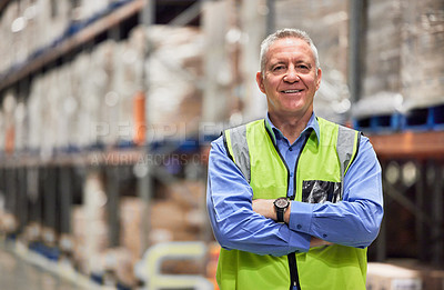 Buy stock photo Senior man, warehouse and portrait with arms crossed with storage, freight and factory success. Shipping, courier company and male worker with confidence from wholesale supplier management with smile