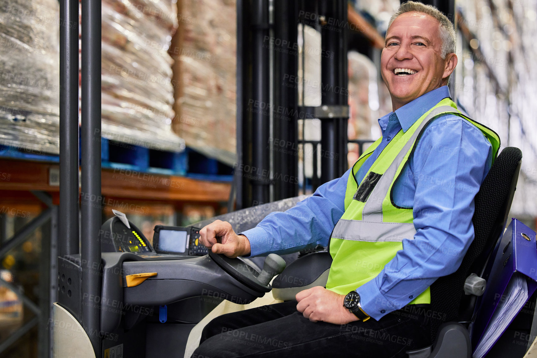 Buy stock photo Warehouse, manager and smile with stock, forklift and safety for logistics and cargo export. Mature man, freight and inventory for shipping, ecommerce and wholesale supplier with courier inspection