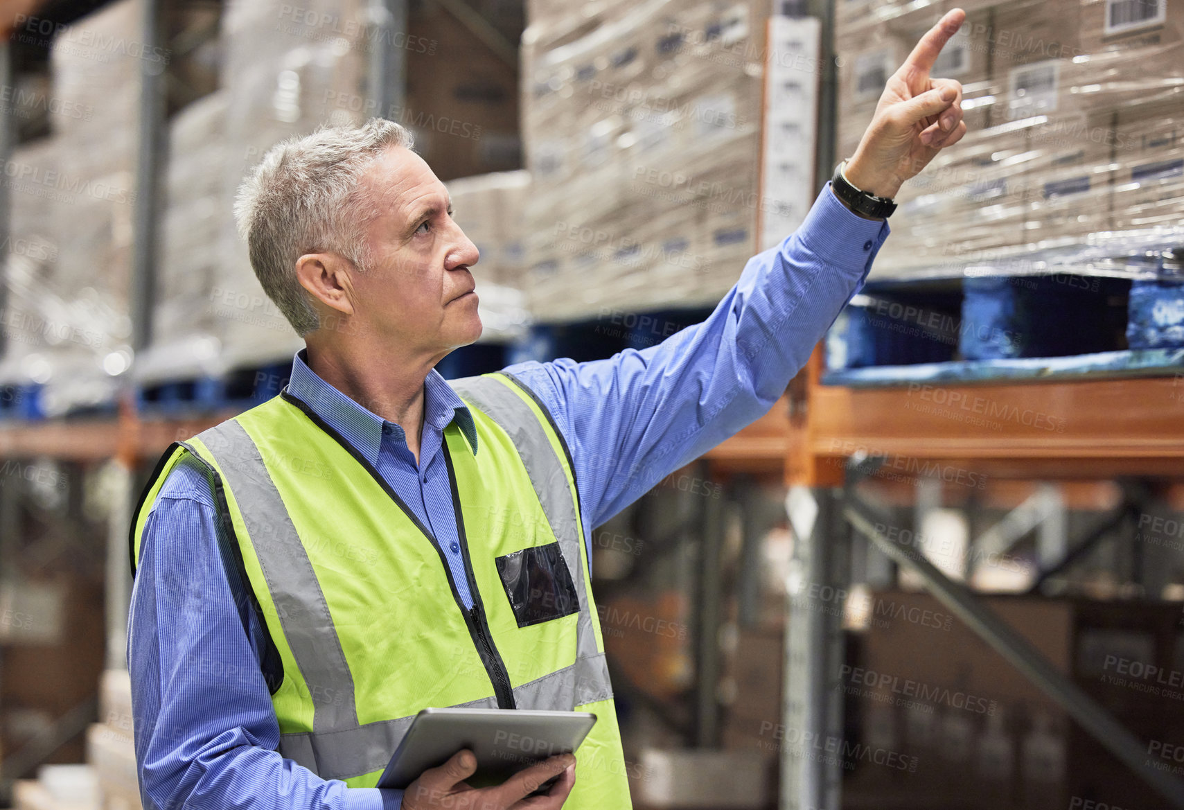 Buy stock photo Shot of a mature man using a digital tablet while working in a warehouse