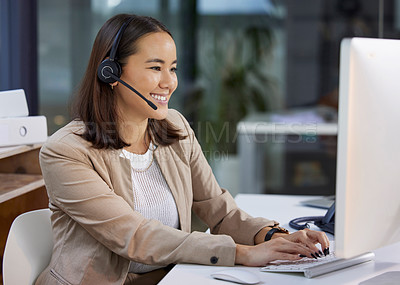 Buy stock photo Call center, computer and business woman, agent or consultant for happy communication, support or advice. Asian person, advisor or agency worker typing on desktop for contact or virtual consulting
