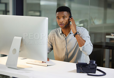 Buy stock photo Customer service, call center and black man on computer for talking, discussion and chat for help. Communication, telemarketing office and worker with headset for contact, crm support and consulting