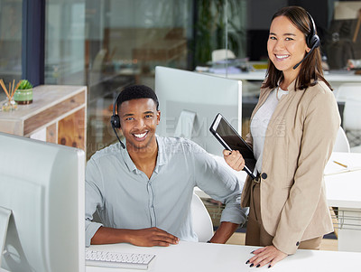 Buy stock photo Customer service, call center and portrait of people with tablet for help, internet and online advice. Communication, telemarketing office and man and woman for contact, crm support and consulting