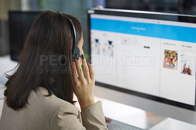 Buy stock photo Call center, computer screen and woman, agent or consultant in virtual support, website and information technology. IT consulting, communication and agency worker or person from behind on desktop pc