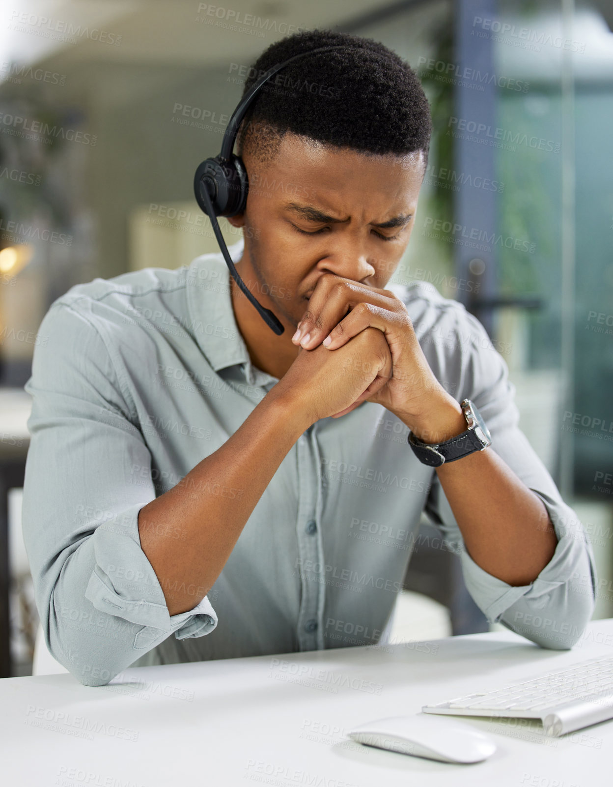 Buy stock photo Customer service, call center and black man with stress for burnout, frustrated and burnout in office. Communication, telemarketing and worker with headset for contact, CRM support and consulting