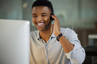 Buy stock photo Call center, computer and happy man, consultant or advisor talking online in technical support, advice or helping. Young web agent, telecom callcenter or african person in virtual communication on pc