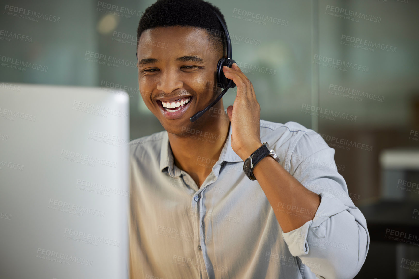 Buy stock photo Call center, computer and happy man, consultant or advisor talking online in technical support, advice or helping. Young web agent, telecom callcenter or african person in virtual communication on pc