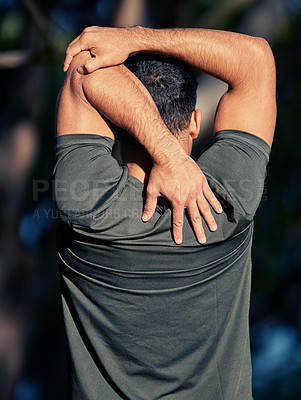 Buy stock photo Fitness, arm and man stretching for warm up before workout or morning training routine for race or wellness. Person, back view and outdoor with exercise for marathon or health, cardio and sports.