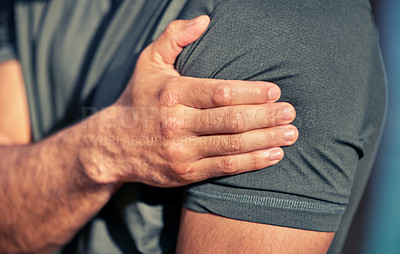 Buy stock photo Hands, shoulder pain and athlete injury closeup after accident, fitness exercise or sports workout. Hand, arm and man with arthritis, fibromyalgia or muscle inflammation, problem and painful wound.