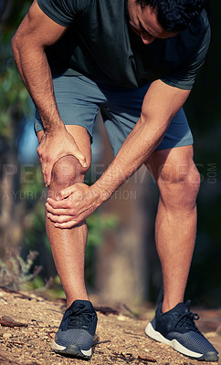 Buy stock photo Man, knee pain and fitness injury in nature after accident, exercise and workout at night. Emergency, legs and male athlete with arthritis, fibromyalgia and muscle problem, wound and osteoporosis.