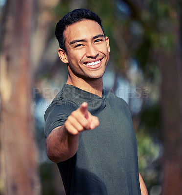 Buy stock photo Man, portrait and pointing to you for fitness choice, outdoors and option or selection in nature. Male person, wellness and motivate for health or training, workout and exercise or emoji for cardio