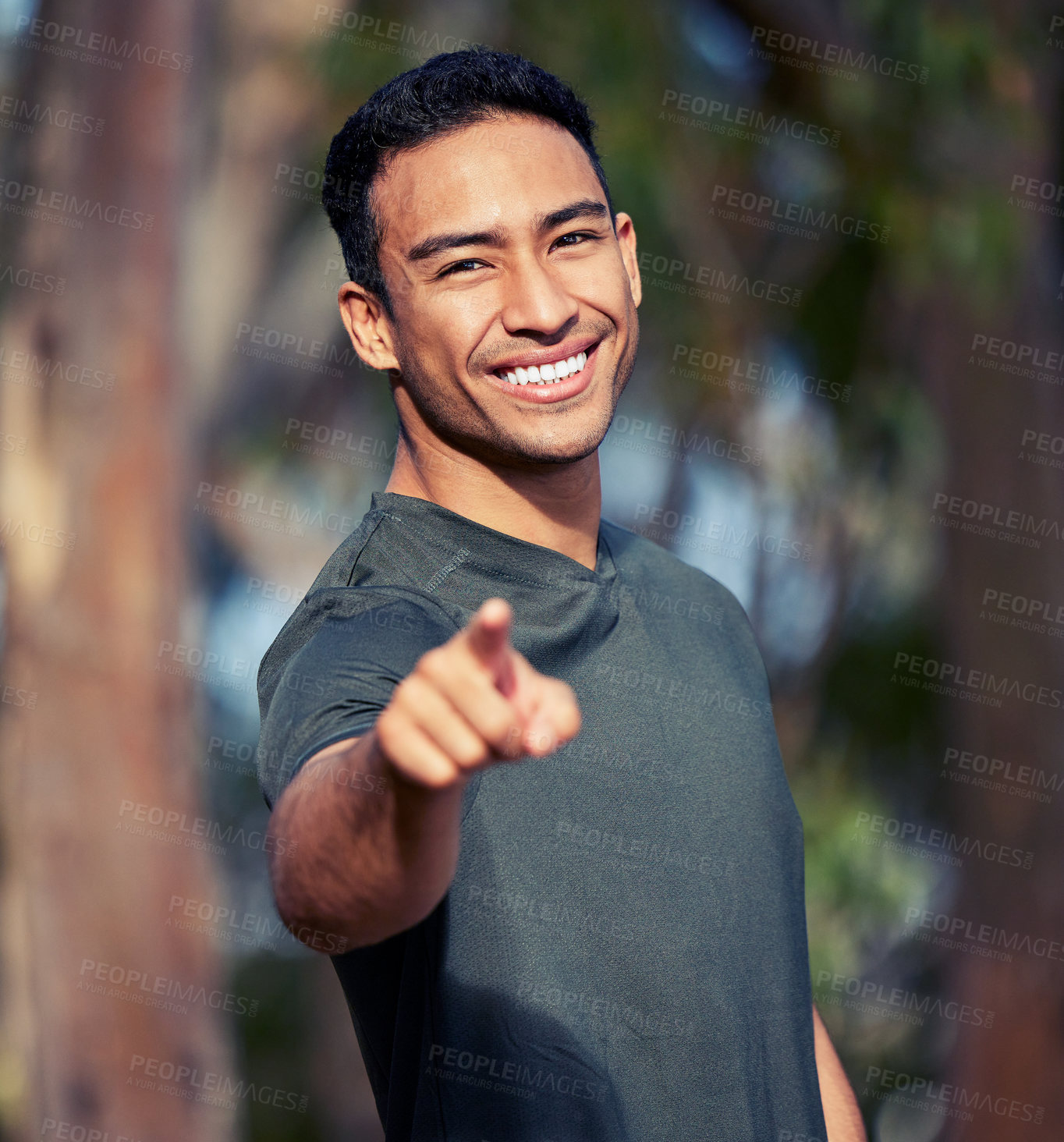 Buy stock photo Man, portrait and pointing to you for fitness choice, outdoors and option or selection in nature. Male person, wellness and motivate for health or training, workout and exercise or emoji for cardio