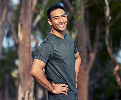 Buy stock photo Happy, portrait and man outdoor for fitness training, workout and cardio exercise in morning for routine for wellness. Male runner or athlete, confident and running for health, marathon or race.