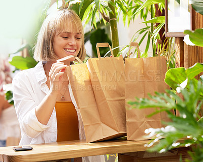 Buy stock photo Woman, shopping bags and outdoor cafe with smile for discount, sale and retail therapy with bargain. Person, shopper and happy with purchase choice by coffee shop for leisure, fun and shopaholic