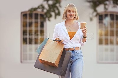 Buy stock photo Urban woman, shopping bags and portrait with smile, cellphone and coffee for retail sale. Shopper, smartphone and technology for online store discount or purchase for consumer, bargain and spending