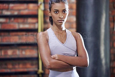 Buy stock photo Woman, portrait and fitness with confidence at gym for workout, training or indoor exercise. Confident female person, young professional or trainer with ambition for wellness challenge at health club