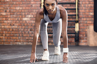 Buy stock photo Serious woman, portrait and ready with start at gym for workout, training or indoor exercise. Active female person in determination for fitness challenge, commitment or preparation at health club