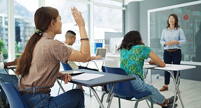 Buy stock photo Student, question and woman in a classroom with lecture and studying for college. University class, learning and students with education professor and teacher on campus with a school group at desk