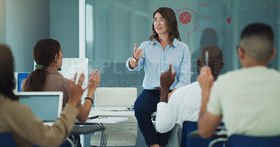 Buy stock photo Student hand, question and woman professor in a classroom with lecture and studying for college. University class, learning and students with education and teacher on campus with a school group