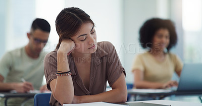 Buy stock photo Sleeping, burnout and girl college student in a classroom bored, adhd or daydreaming during lecture. Tired, fatigue and female learner distracted in class, insomnia, boring or exam and quiz stress