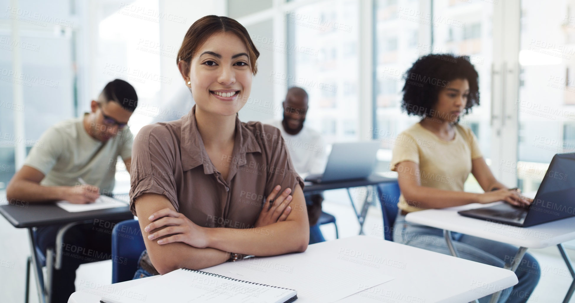 Buy stock photo Portrait, education and girl college student in classroom for learning, lecture or studying at academy. Face, woman or happy university learner smile in lecture for future, career development or exam