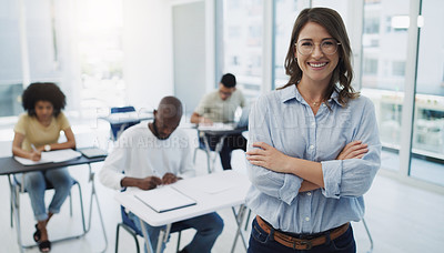 Buy stock photo Education, portrait and woman professor in a classroom with students for teaching, knowledge and motivation. College, teacher and face of female leader happy in a class with group of people learning