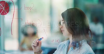 Buy stock photo Glass, board and woman with graph in office for kpi analysis, sales planning and review of growth. Wall, project management and female person with chart for brainstorming, strategy and solution