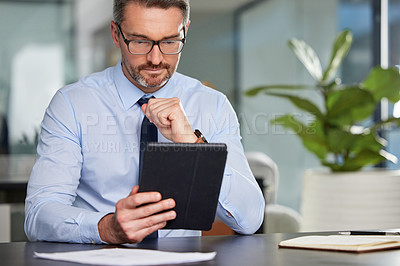 Buy stock photo Business, man and tablet in office or thinking for planning, schedule and research for goals of company growth. Male person, digital technology and data with information for project development
