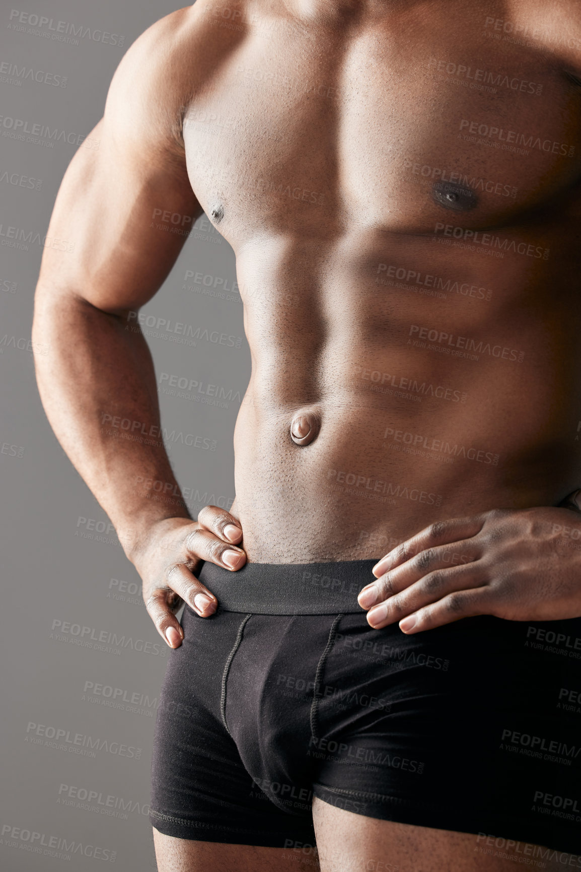 Buy stock photo Fitness, underwear and man with abs stomach in studio for bodybuilding, confidence and exercise. Sports, strong and shirtless person with six pack abdomen and chest for workout by gray background.