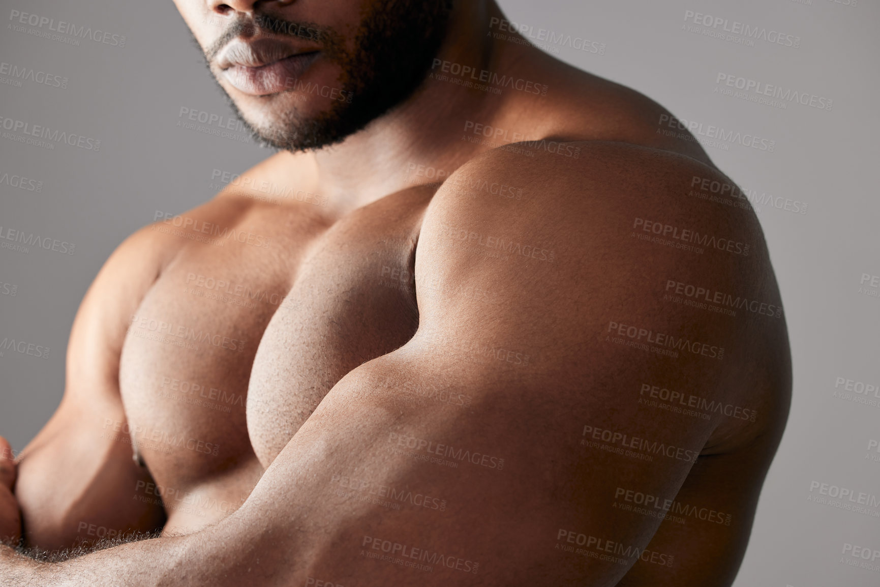 Buy stock photo Body, chest and fitness with shirtless man closeup in studio for health, strength or wellness. Exercise, health and power with muscular bodybuilder person at gym for physical training or workout
