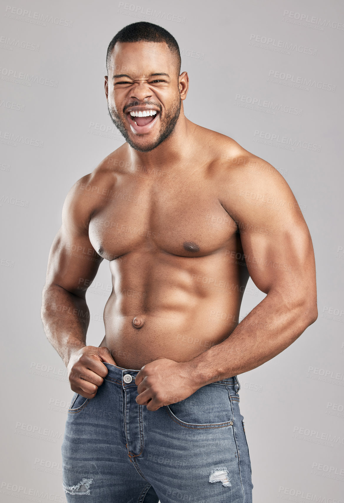 Buy stock photo Portrait, body muscle and black man with abdomen for fitness, exercise or health isolated on white studio background. Abs, shirtless and strong bodybuilder excited in jeans for workout or fashion