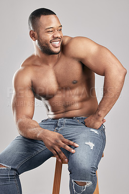 Buy stock photo Thinking, body muscle and happy black man in studio for fitness, health or sport exercise isolated on white background. Abdomen, shirtless and strong bodybuilder model with idea or dream for workout