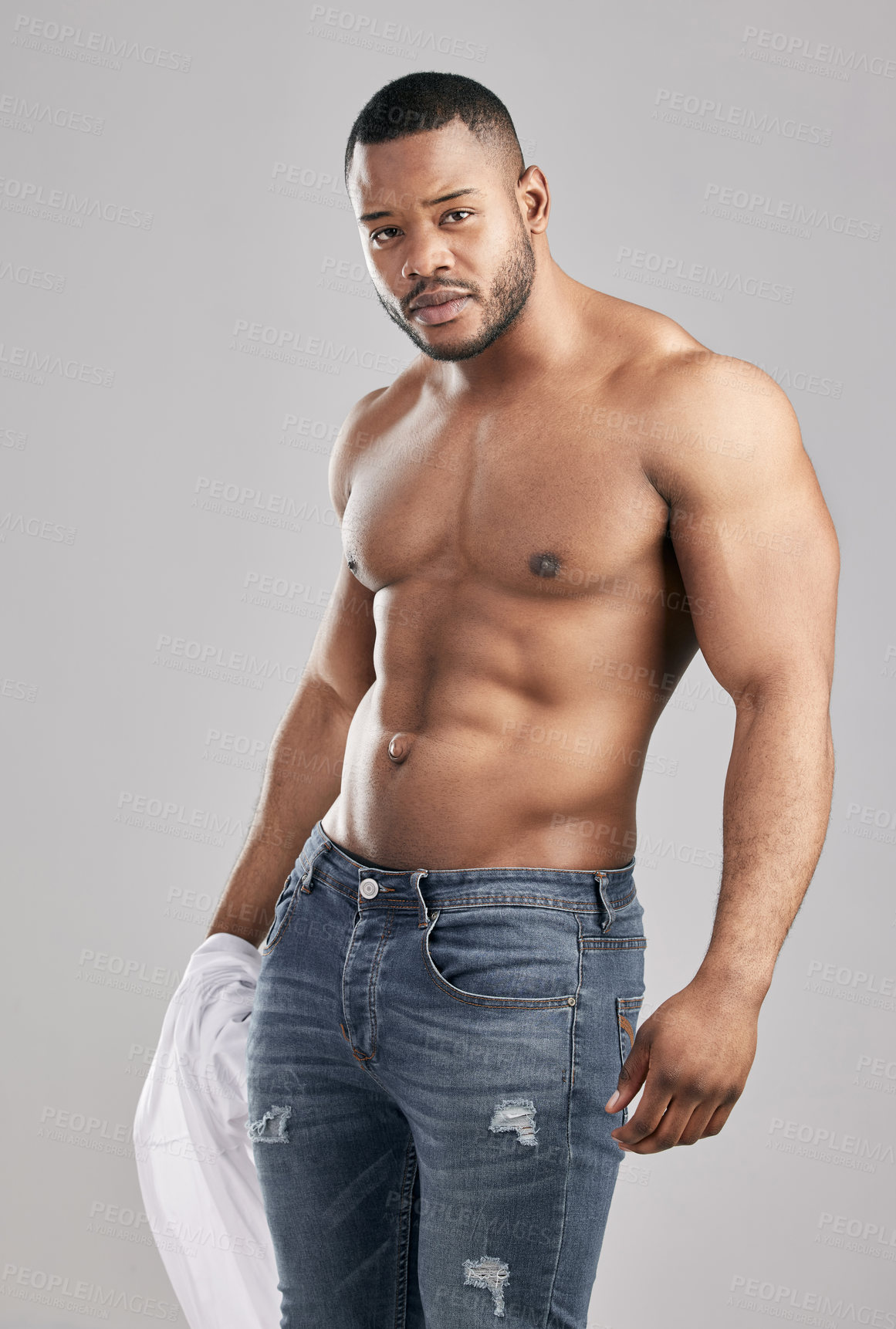 Buy stock photo Confident, muscle and portrait of black man with abdomen in studio for fitness, exercise or health isolated on white background. Abs, shirtless and strong bodybuilder model training body in Kenya